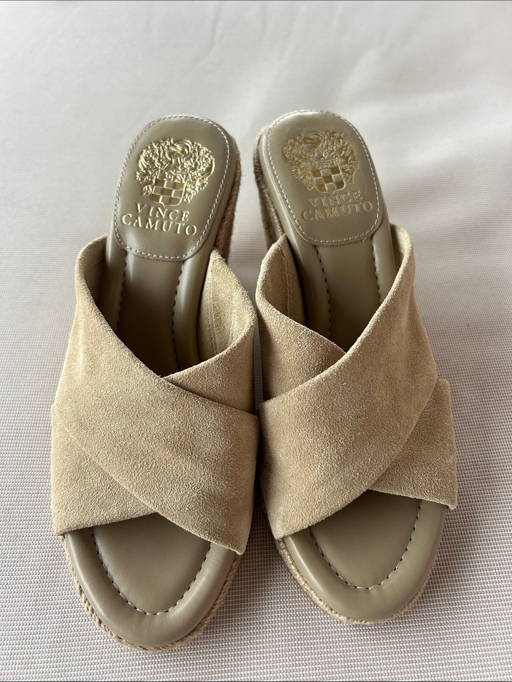 Vince Camuto Beige Suede Crisscross Slide Sandals